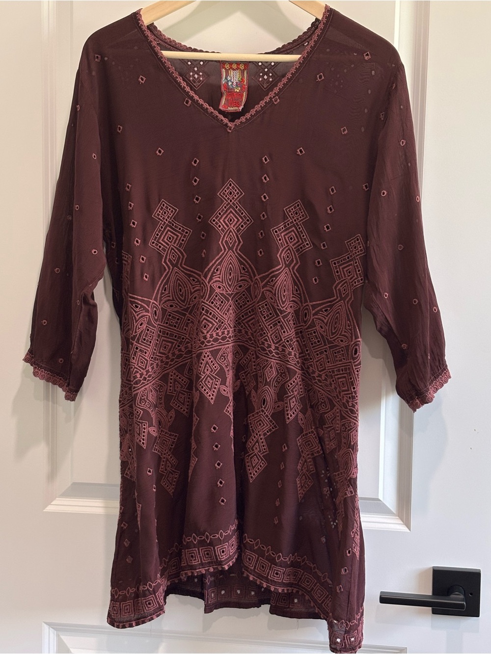 Johnny Was Embroidered V-Neck Tunic in Deep Burgundy